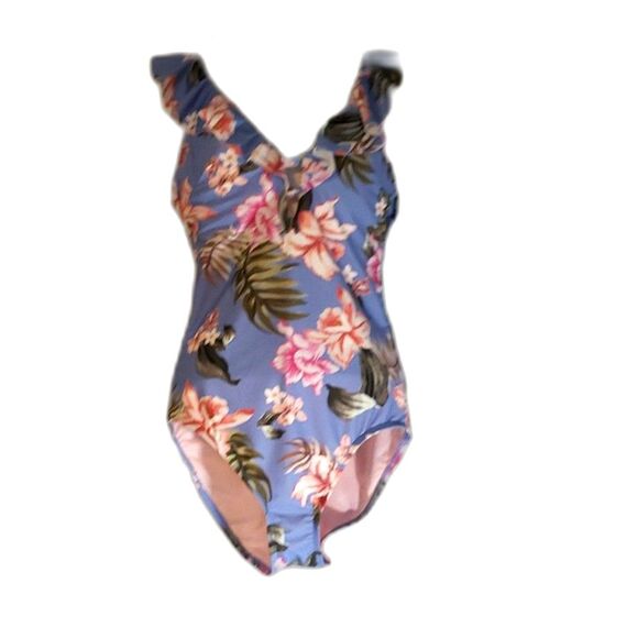 Kona Sol Over The Shoulder Ruffle High Coverage One Piece Swimsuit Medium NWT - Picture 4 of 9